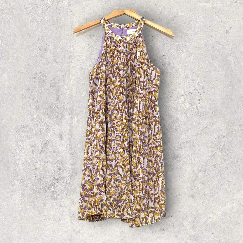 MELLODAY Women's Floral Pleat Dress Size S Sleeveless Yellow Purple - Picture 1 of 8